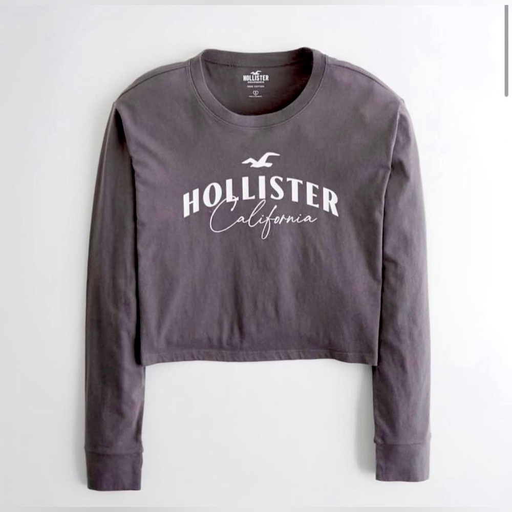 Hollister California Cropped Long Sleeve Graphic Tee Charcoal Gray - Size M
